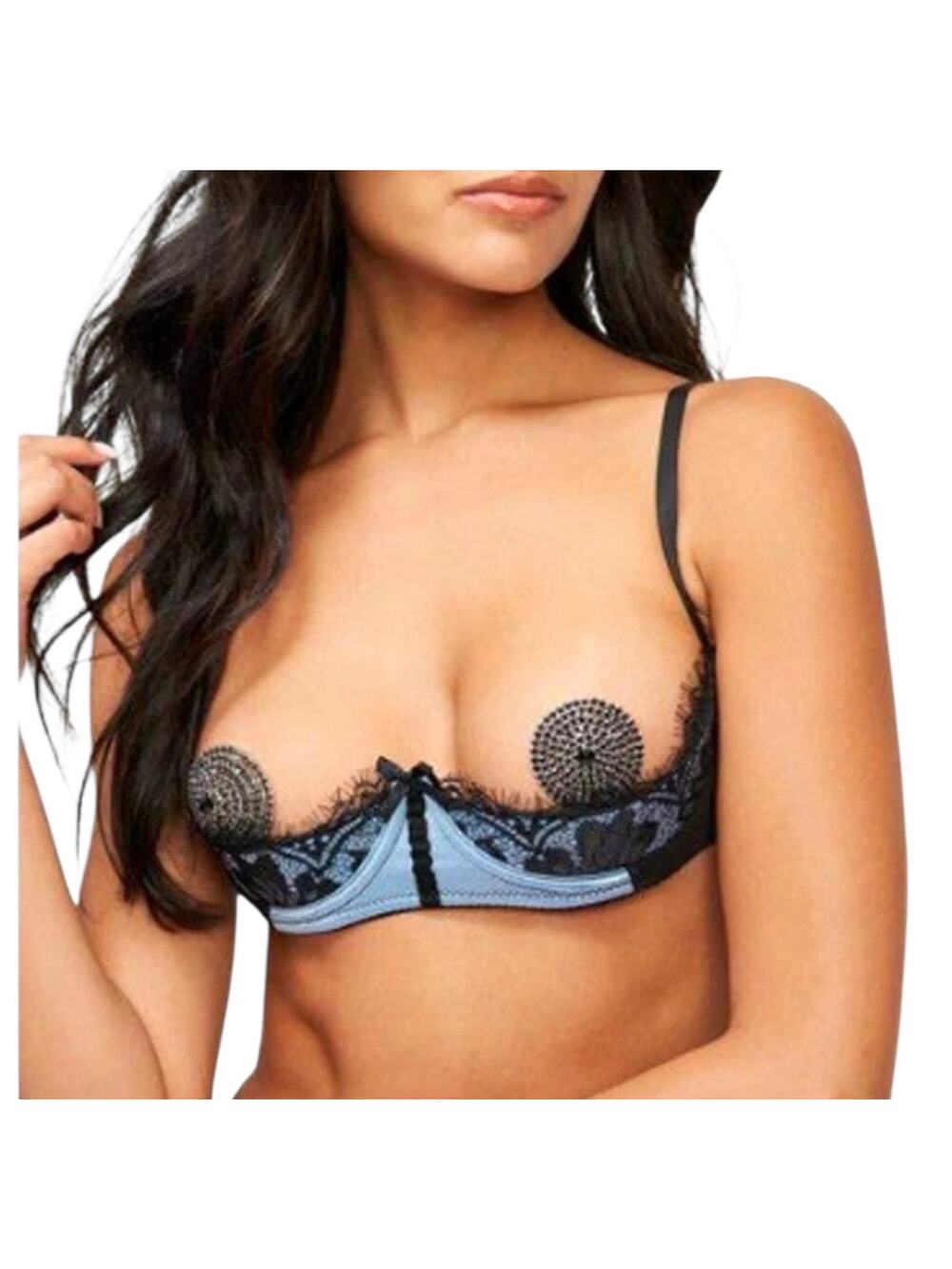 NWT! Frederick's of Hollywood Lux Lace Blue Satin Open Cup Shelf Bra 18 38C